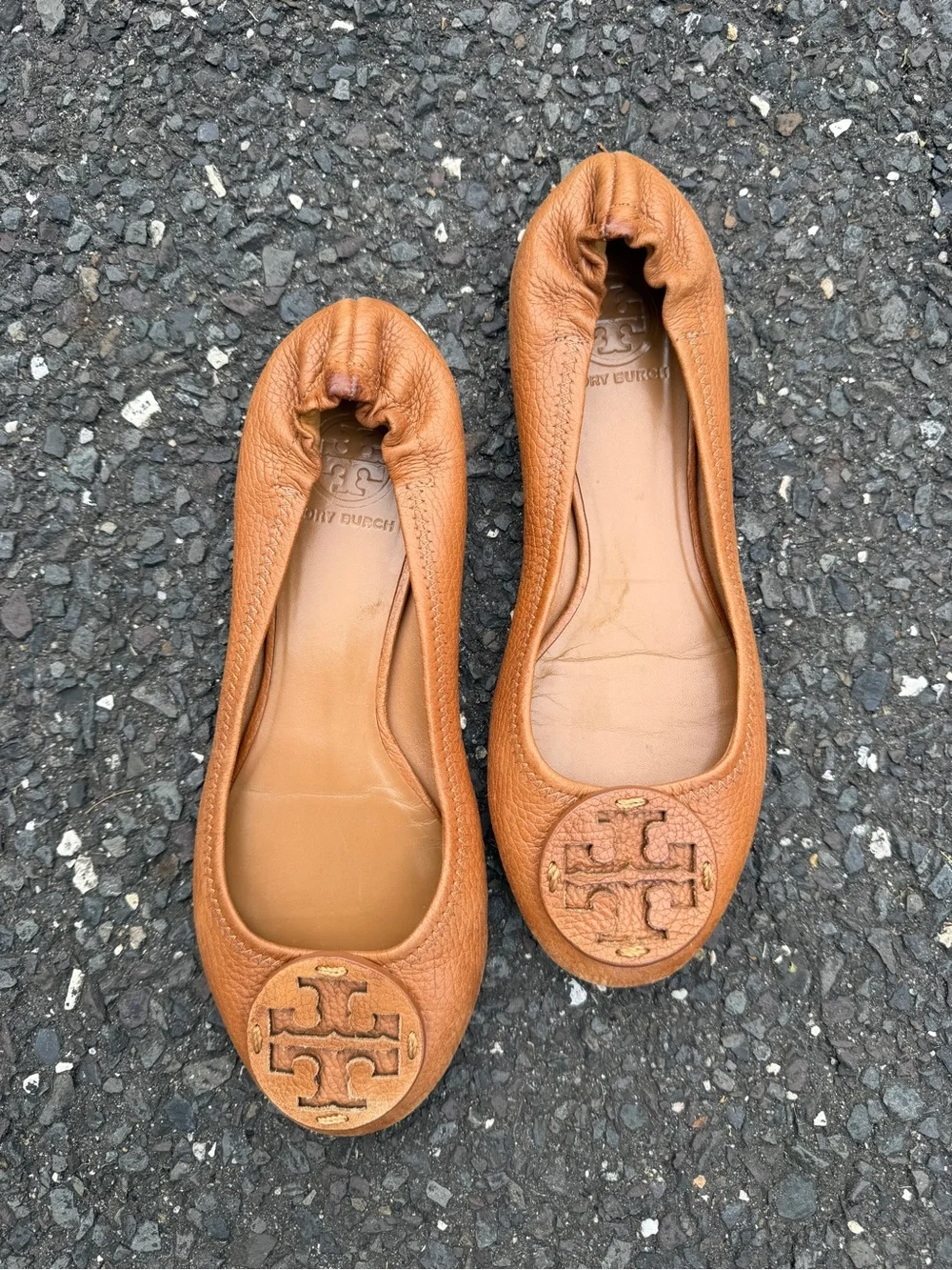 Tory Burch Cognac Leather Logo Ballet Flats